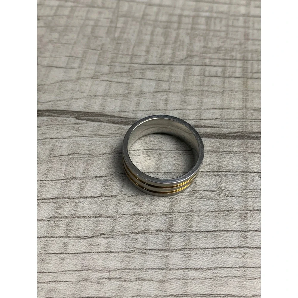 Mens Two Tone Silver Gold Band Ring Brushed Finish Modern Minimalist Sz 9.5 3418